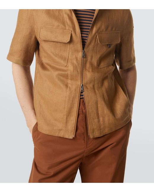Moncler Brown Linen Twill Zip-Up Shirt for men