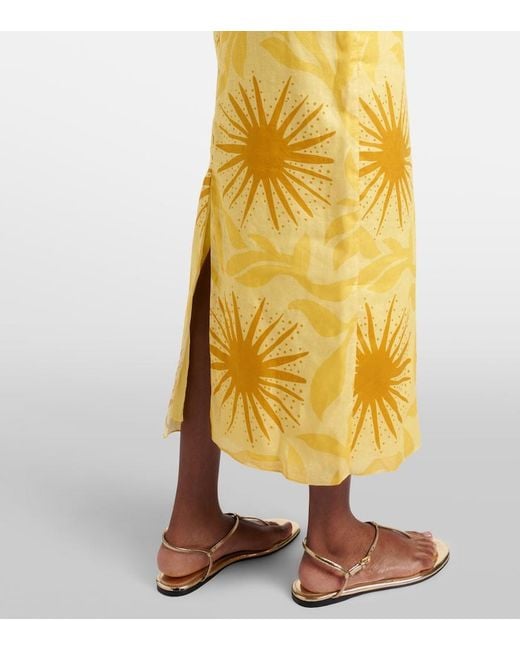 Cala De La Cruz Metallic Orly Printed Cutout Linen Midi Dress