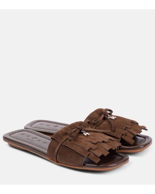 Hogan Brown H685 Fringed Suede Slides