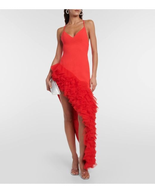 David Koma Red Ruffled Virgin Wool Crepe Maxi Dress