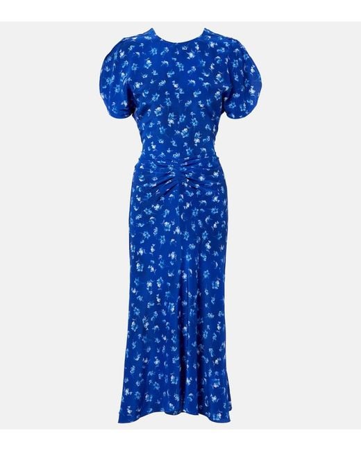 Victoria Beckham Blue Bela Floral Gathered Silk Midi Dress