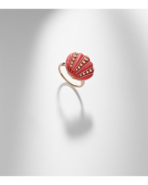 Yvonne Léon Red Coquillage Corail 9Kt Ring With Diamonds