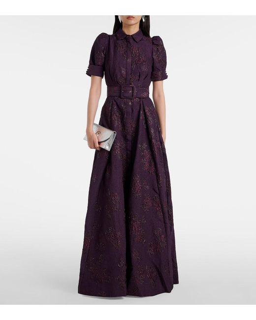 Rebecca Vallance Purple Afina Belted Floral Brocade Gown