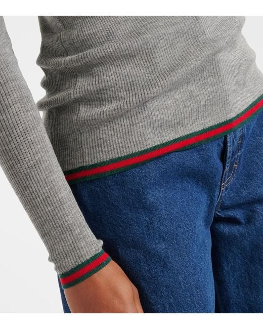 Gucci Gray Polopullover Web Stripe Aus Kaschmir Und Seide
