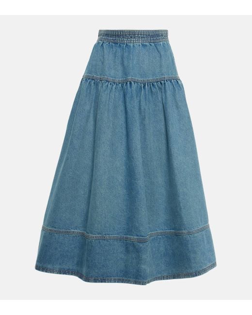 Ulla Johnson Blue Astrid Gathered Denim Midi Skirt
