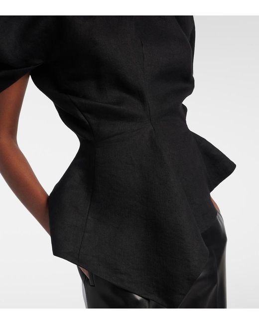 Khaite Black Rumi Peplum Linen-Blend Top