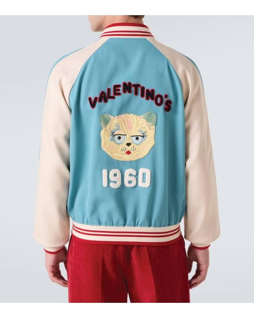 Valentino Blue Logo Virgin Wool Varsity Jacket for men