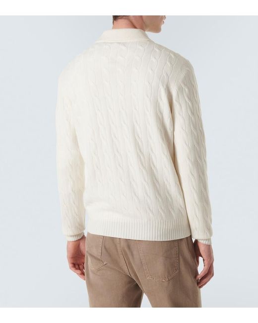 Brunello Cucinelli White Cable-Knit Cashmere Polo Sweater for men