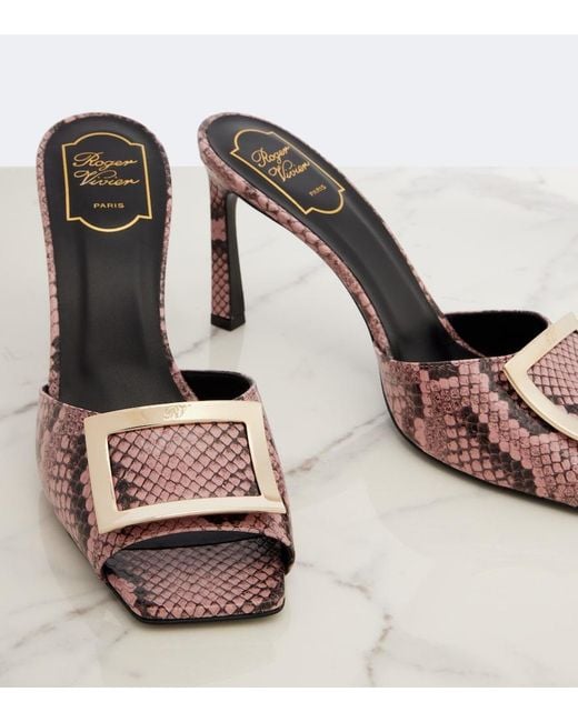 Roger Vivier Pink Trompette Snake-Print Leather Mules