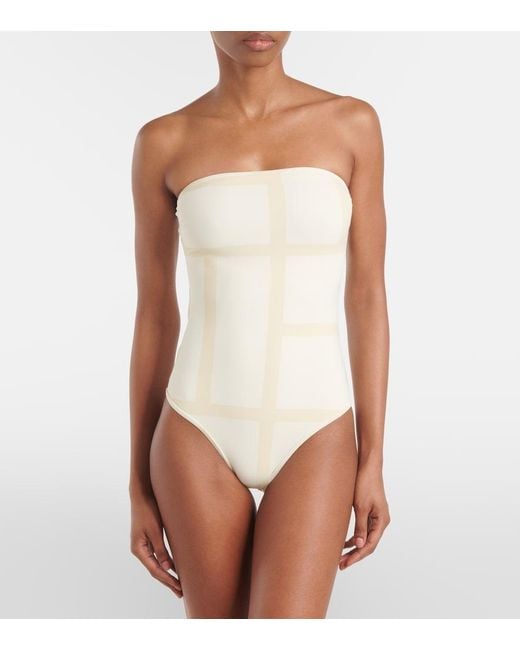 Totême  White Monogram Strapless Jersey Swimsuit
