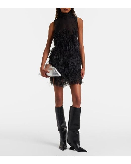 The Attico Black Feather-Trimmed Embroidered Minidress