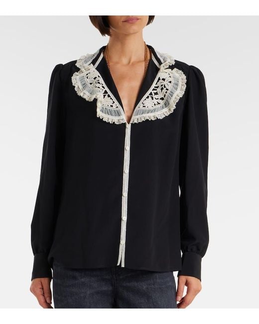 Chloé Black Lace-Trimmed Silk Crepe De Chine Blouse