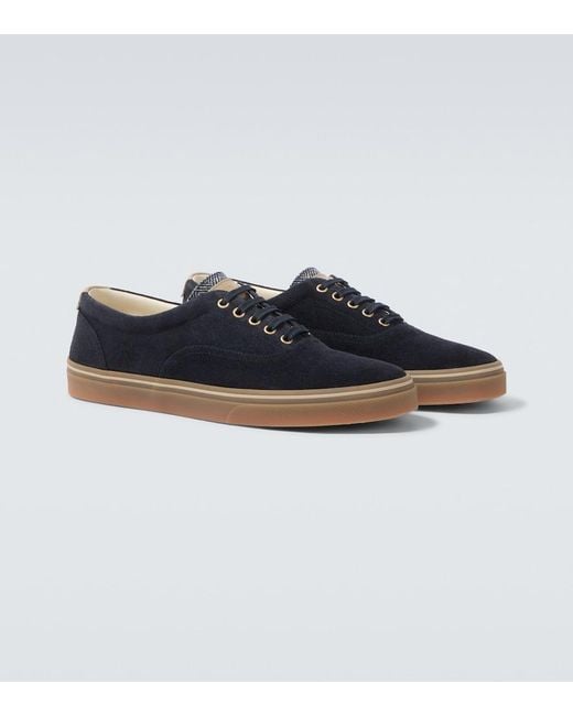 Brunello Cucinelli Blue Leather-Trimmed Suede Sneakers for men