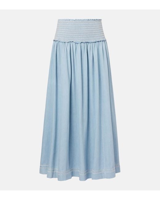 Zimmermann Blue Ascension Shirred Denim Midi Skirt