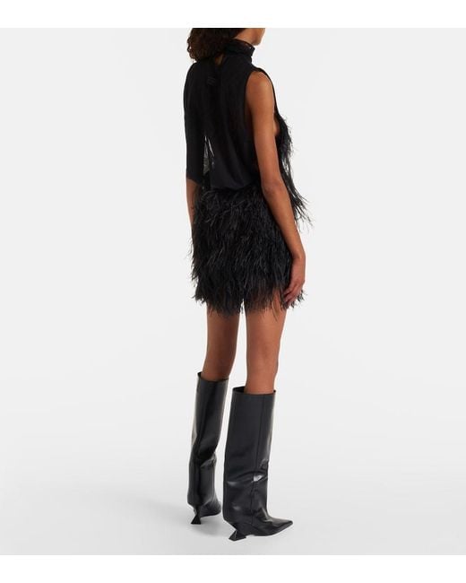 The Attico Black Feather-Trimmed Embroidered Minidress