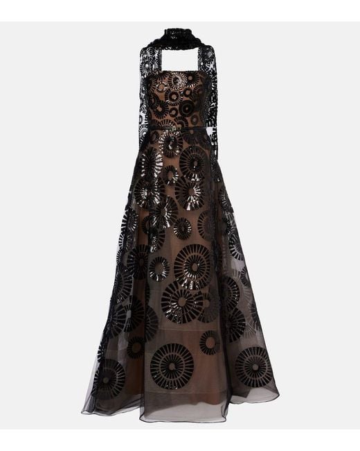 Elie Saab Women's Black Scarf-Detail Sequined Tulle Gown
