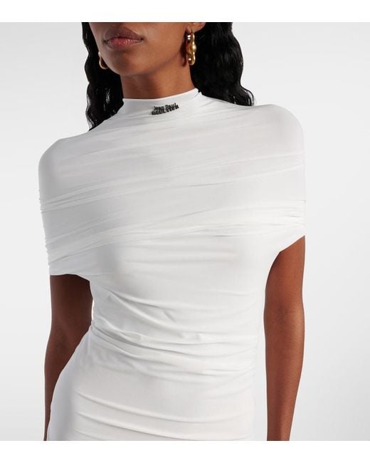Jean Paul Gaultier White Fringed Ruched Jersey Maxi Dress