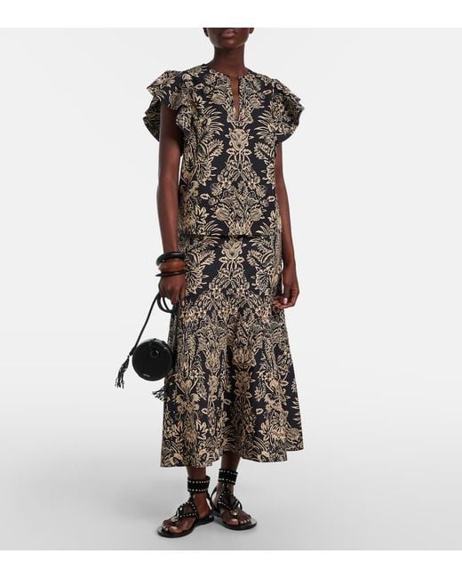 Ulla Johnson Black Clarisse Printed Cotton Poplin Midi Skirt
