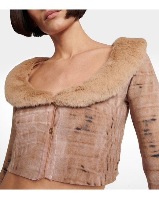 Blumarine Brown Faux Fur-trimmed Cropped Cardigan