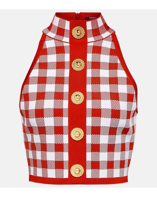 Balmain Red Vichy Cropped Top