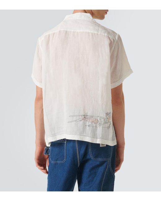 Bode White Skiers Linen Bowling Shirt for men