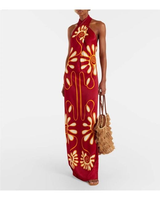 Cala De La Cruz Red Oliviera Printed Halterneck Maxi Dress