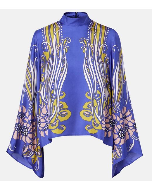 LaDoubleJ Blue Make An Exit Printed Silk Satin Blouse
