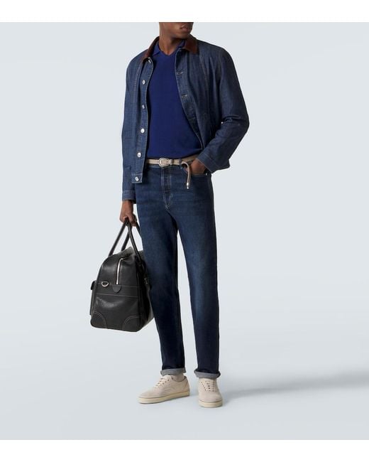 Brunello Cucinelli Blue Ribbed-Knit Cotton Polo Shirt for men