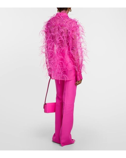 Valentino Pink Bestickte Bluse aus Seidenorganza mit Federn