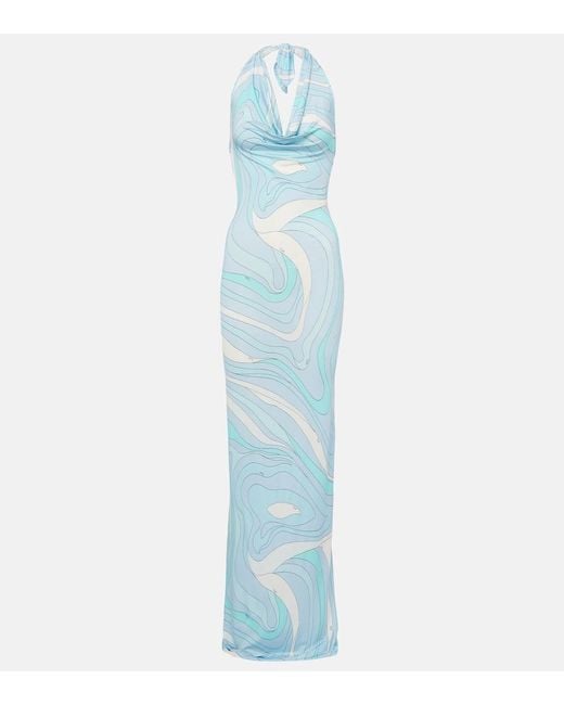 Emilio Pucci Blue Marmo Halterneck Satin Jersey Maxi Dress
