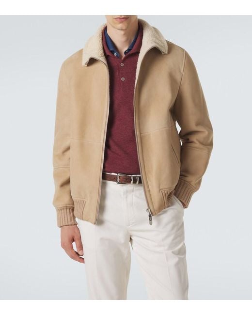 Brunello Cucinelli Natural Shearling-Lined Suede Bomber Jacket for men