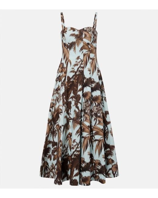 Oscar de la Renta White Printed Cotton-Blend Poplin Midi Dress