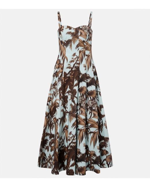 Oscar de la Renta White Printed Cotton-Blend Poplin Midi Dress