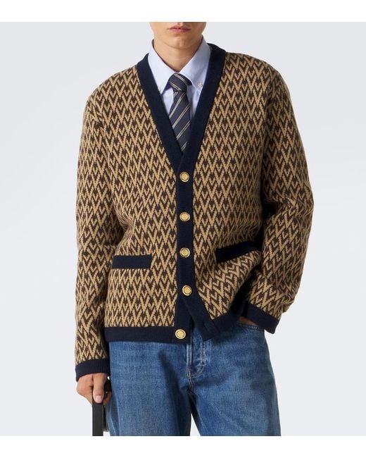 Valentino Brown Toute La V Jacquard Virgin Wool Cardigan for men