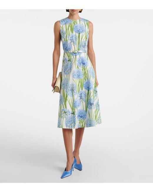 Oscar de la Renta Blue Floral Cotton-Blend Poplin Midi Dress