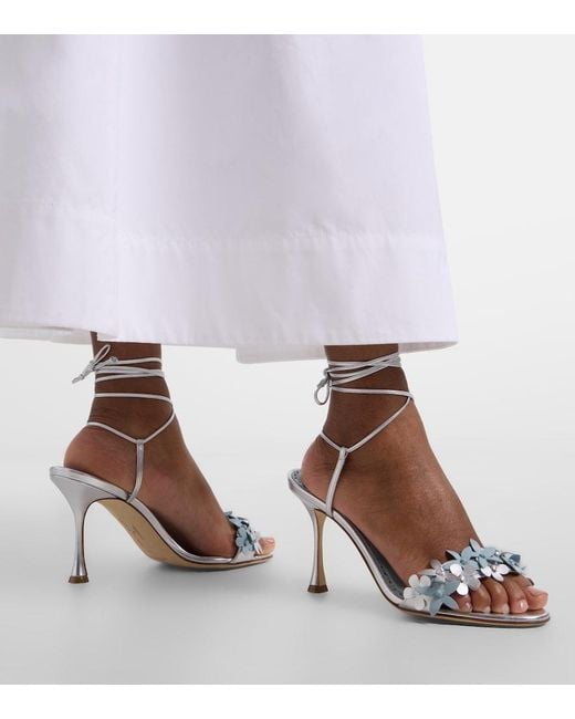 Manolo Blahnik Blue Anista Floral-Applique Leather Sandals