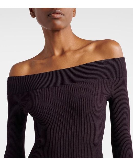 Alaïa Blue Ribbed-Knit Off-Shoulder Bodysuit