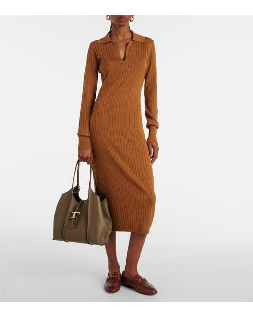 Tod's Brown Ribbed-Knit Silk And Cotton Midi Dress