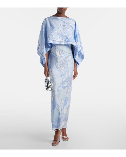 Emilio Pucci Blue Orchidee Soleil Silk Gown And Cape Set