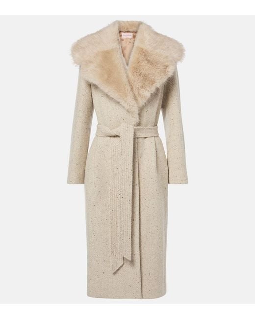 Valentino Natural Faux Fur-Trimmed Virgin Wool Wrap Coat