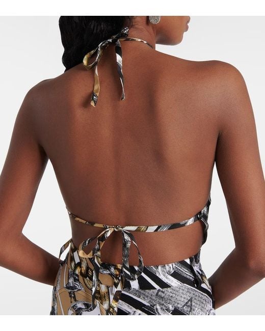 Area Metallic Printed Embellished Halter-Neck Crop Top