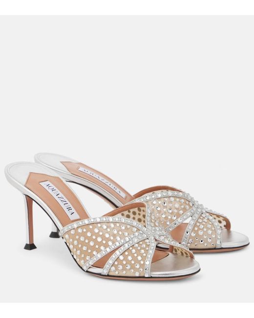 Aquazzura Metallic Crystal Lover 75 Leather-Trimmed Mules