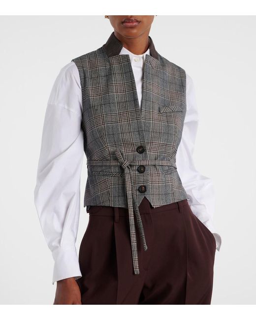 Brunello Cucinelli Gray Belted Checked Virgin Wool Vest