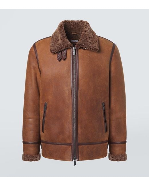 Brunello Cucinelli Brown Shearling-Lined Leather Jacket for men