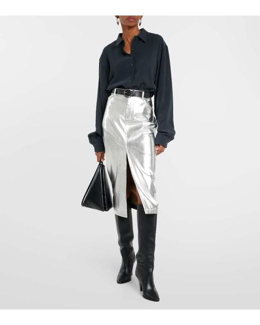 Staud Gray Oaklyn Metallic Faux Leather Midi Skirt