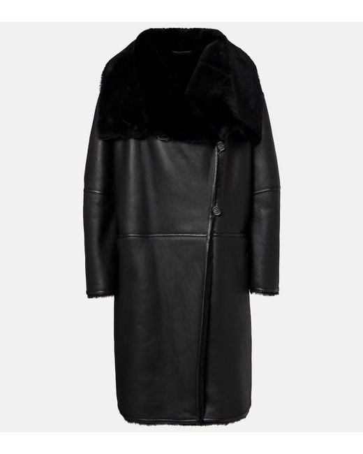 Totême Black Shearling-Lined Leather Coat