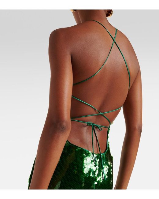 Magda Butrym Green Floral-Applique Sequined Halterneck Gown