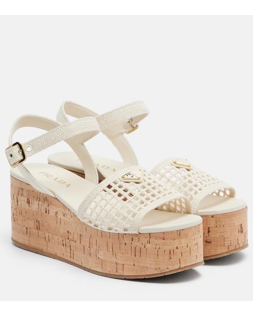 Prada Natural Crochet Wedge Sandals