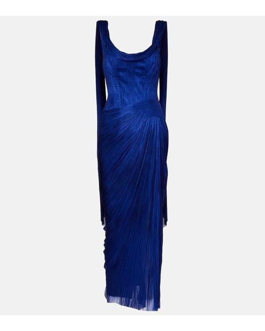 Maria Lucia Hohan Blue Faye Metallic Silk Tulle Bustier Gown