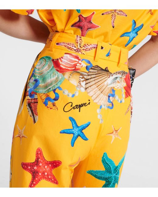 Dolce & Gabbana Yellow Capri Printed High-rise Cotton Tapered Pants
